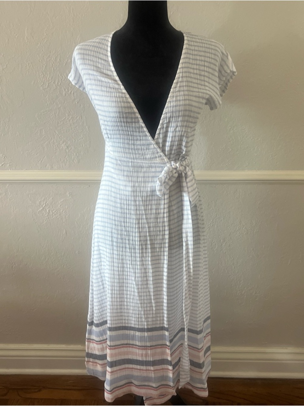 Marine Layer Striped Midi Wrap Dress in White, Pale Blue and Pink